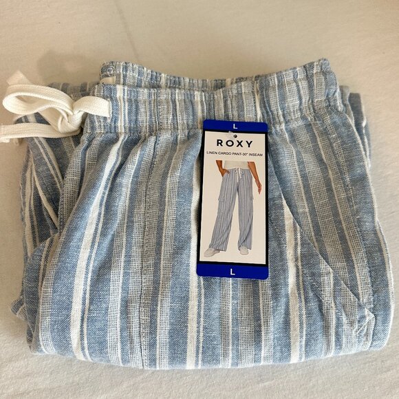 Roxy Women's Linen Blend Cargo Pant Size L Blue Coastal Boho Lightweight (NEW) - Picture 2 of 16